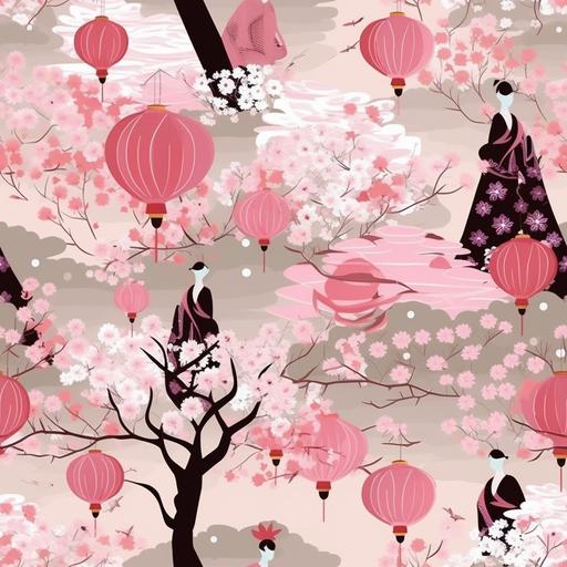 cherry blossom trees with paper lanterns, geisha with paper umbrellas, chinoiserie, pink --v 5 --tile