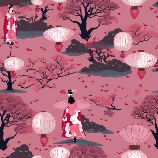 cherry blossom trees with paper lanterns, geisha with paper umbrellas, chinoiserie, pink --v 5 --tile