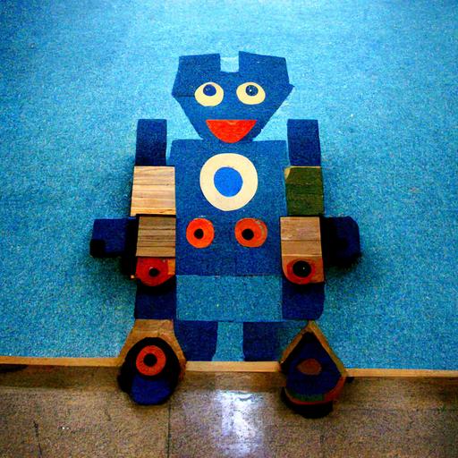 toy robot made from colorful Montessori wood blocks on a blue carpet in a preschool