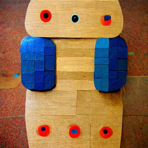 toy robot made from colorful Montessori wood blocks on a blue carpet in a preschool