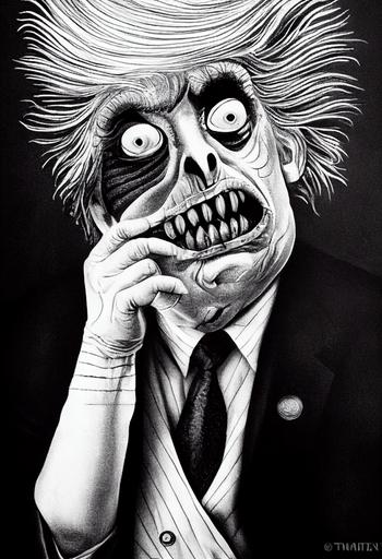 chiaroscuro portrait of donald trump as Beetlejuice, the ghost with the most, pallid skin, gross boils and crusty lips, black and white pinstripe suit, Tim burton style, fine wall art, print, neon colours, coloured pencil, insanely detailed, halloween, shading, vivid colours, hd, cinematic lighting --ar 9:16 --test --creative --upbeta