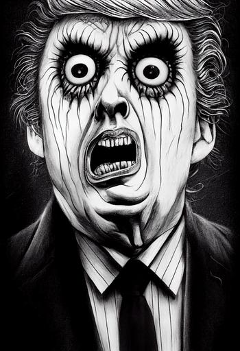 chiaroscuro portrait of donald trump as Beetlejuice, the ghost with the most, pallid skin, gross boils and crusty lips, black and white pinstripe suit, Tim burton style, fine wall art, print, neon colours, coloured pencil, insanely detailed, halloween, shading, vivid colours, hd, cinematic lighting --ar 9:16 --test --creative --upbeta