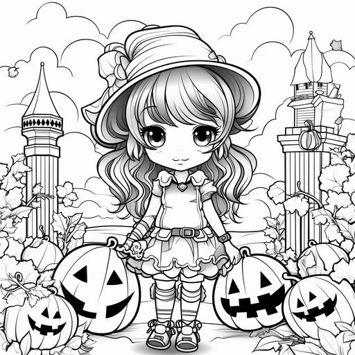 chibi animation Halloween coloring pages,AUTUMN BACKGROUND, TRICK OR TREATING line art, full color- - AR 85:110