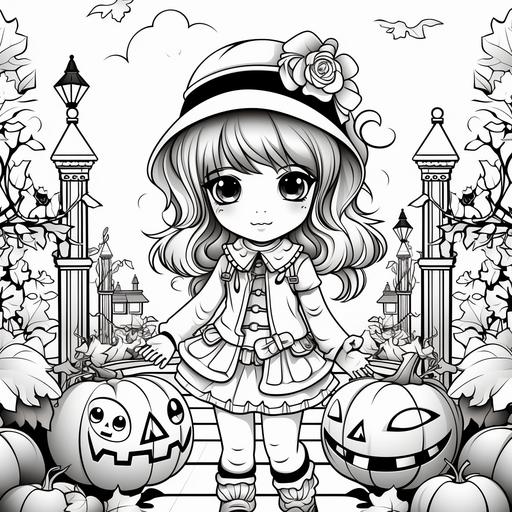 chibi animation Halloween coloring pages,AUTUMN BACKGROUND, TRICK OR TREATING line art, full color- - AR 85:110
