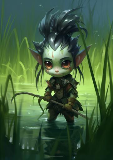 chibi anime, chameleon in a swamp, cryptidcore style, --no human --ar 105:148 --v 5.1