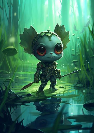 chibi anime, chameleon in a swamp, cryptidcore style, --no human --ar 105:148 --v 5.1