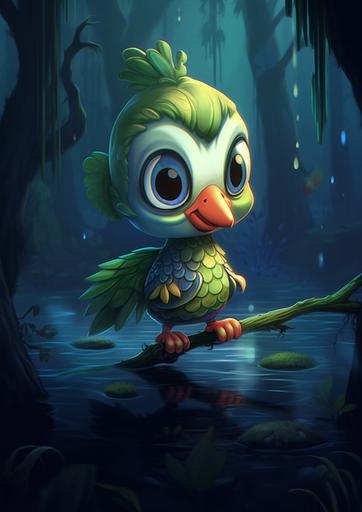 chibi anime, parrot in a swamp, cryptidcore style, --no human --ar 105:148 --v 5.1