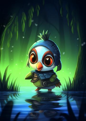 chibi anime, parrot in a swamp, cryptidcore style, --no human --ar 105:148 --v 5.1