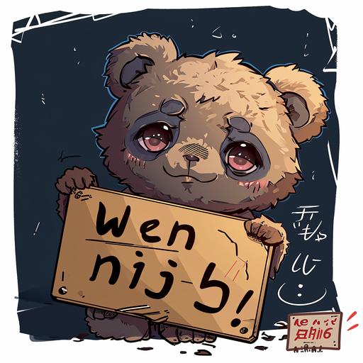 chibi bear holding a sign that says 