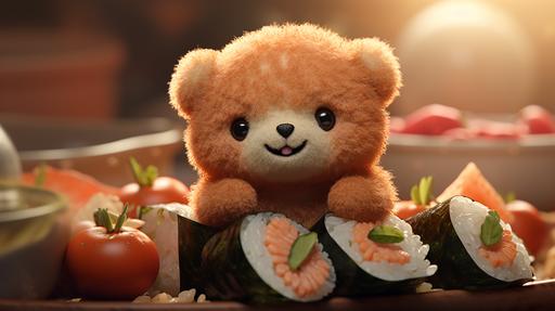 chibi bear sushi binto, new school pop art in the style of close-up food photography --ar 16:9 --s 200 --v 5.2