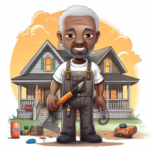 chibi cartoon style, older and mature dark skin black man with gray hair and beard wearing overalls and holding tools with a tool box on the ground next to his feet, standing in front of a cute quaint house, colors are bright and vibrant and saturated, white background