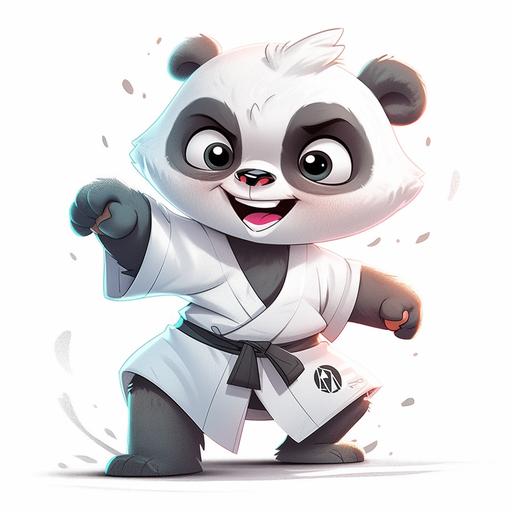chibi character for karate tournament logo, adult karate panda with gray bangs, smiling and showing punching fists, wearing white kimono with black belt, stepping forward, isolated on white background, pixar style, cocky smile, concept art, full body --niji 5