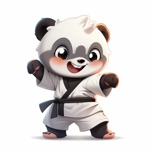 chibi character for karate tournament logo, adult karate panda with gray bangs, smiling and showing punching fists, wearing white kimono with black belt, stepping forward, isolated on white background, pixar style, cocky smile, concept art, full body --niji 5