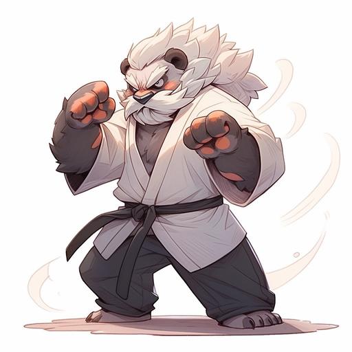 chibi character for karate tournament logo, concept art, full body, old gray haired karate panda, smiles and shows punching fists, wears white kimono with black belt, steps forward, isolated on white background, pixar style, cocky smile, --niji 5