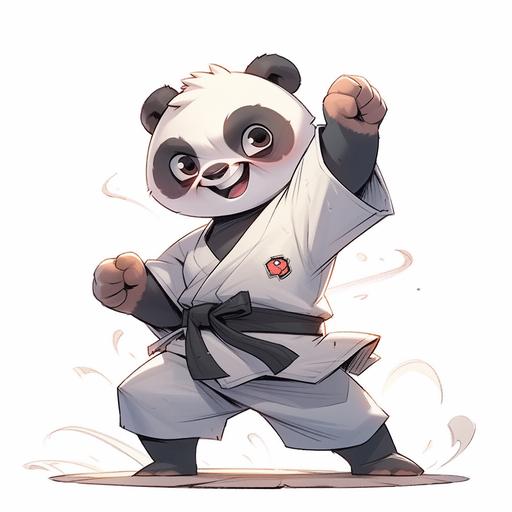 chibi character for karate tournament logo, concept art, full body, old gray haired karate panda, smiles and shows punching fists, wears white kimono with black belt, steps forward, isolated on white background, pixar style, cocky smile, --niji 5