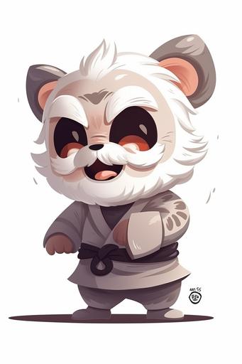 chibi character for karate tournament logo, old gray haired karate panda, smiles and shows punching fists, wears white kimono with black belt, steps forward, isolated on white background, pixar style --ar 2:3 --v 5