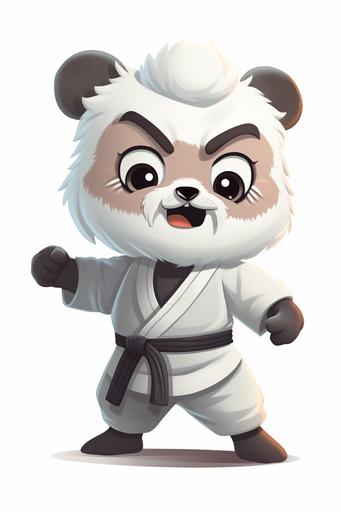 chibi character for karate tournament logo, old gray haired karate panda, smiles and shows punching fists, wears white kimono with black belt, steps forward, isolated on white background, pixar style --ar 2:3 --v 5
