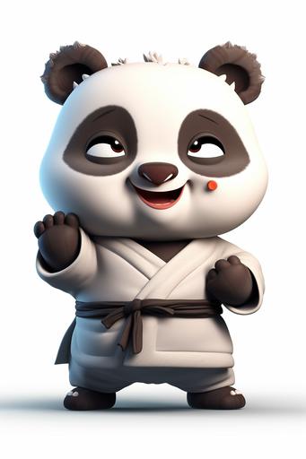 chibi character, old gray karate panda, smiling and showing punching fists, dressed in white kimono with black belt, dynamic pose, isolated on white background, pixar style --ar 2:3 --v 5