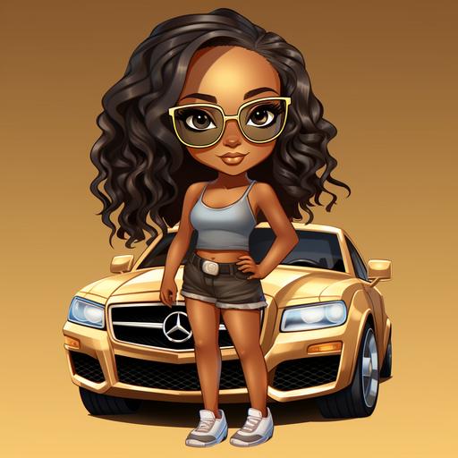 chibi gorgeous african americn woman with long straight hair in gold and brown tones, defined texture, hazel brown eyes, figure 8 body shape with a flat stomach thick curves in the thighs and hips, blue framed eyeglasses, white diamond hoop earrings, brown wristband watch, standing up on the side of a black convertible Mercedes Benz with the top back, a white sports tshirt and pants, with white airmax tennis shoes and blue Nike check on the side of the shoe, 4k, hyper-realistic, full photo, realistic, hyperdetailed, ultradetailed, intricate details, 3d render, photo