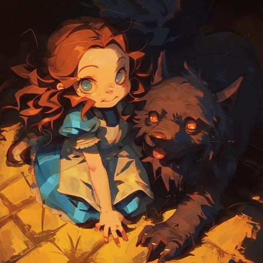 chibi poster, comic book april 2012, of Dorothy Gale and Toto in the style of abigail larson, rustic realism, grzegorz domaradzki, brown, light amber and sky-blue, arthur wardle, rough-edged 2d animation --niji 6