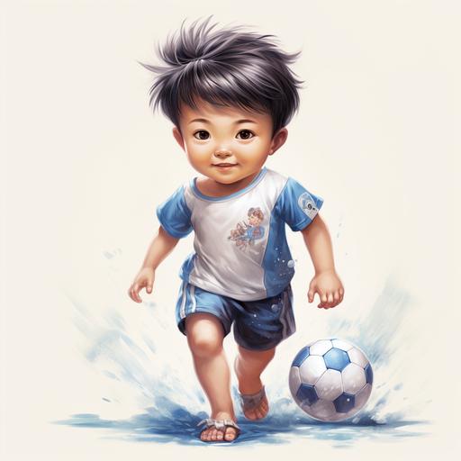 chibi ,vibrant hd realistic, Japan young boy, low haircut, wearing blue underpants , playing soccer ball,