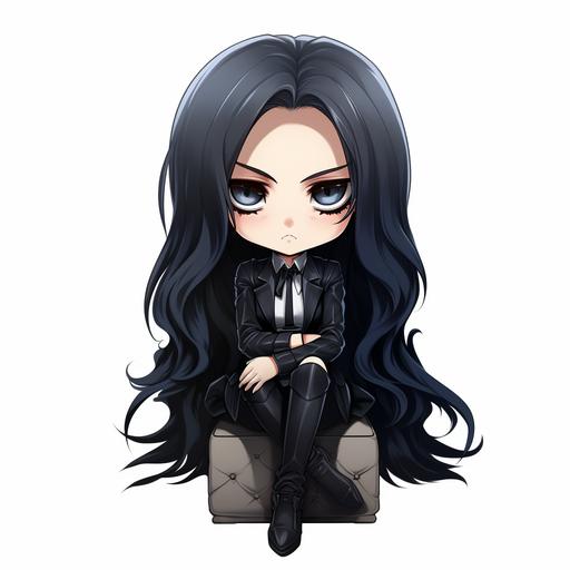 chibi,white background, simple background,sad,open her mouth,dynamic angle,natural lighting,official art,Luminous Eyes,best quality,masterpiece,woman,detailed face, detailed eyes,slender,Slit Pupils,tuxedo,dark blue hair,very long hair,pale skin,blue eyes,mole under the eye,white gloves,long pants,black cloth,blue light,straight hair,frill,blue rose,deep shadows,white skin,roses of brooches,tuxedo,Ado,cry,scream,angry,riled,open her mouth