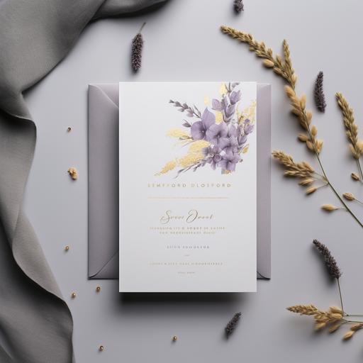 chic and minimalist design of an online invite with lavender colors on the top boders, grey and golden on the bottom