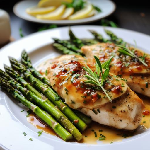 chicken filet with asparagus baked in butter and garlic