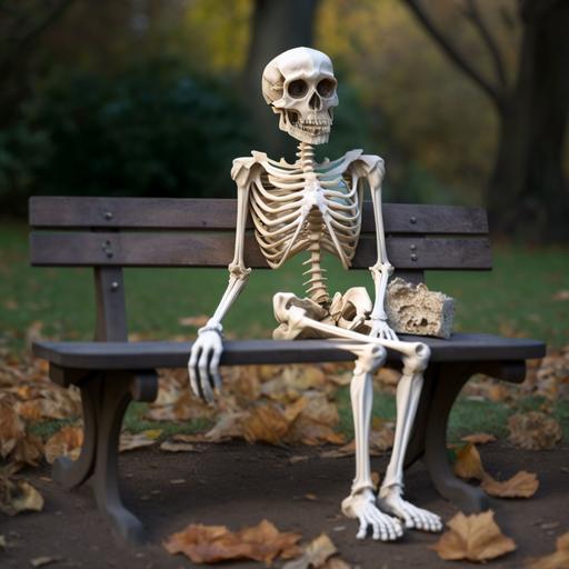 chicken nugget skeleton sitting on a park bench who had waited in relaxed mode --v 4