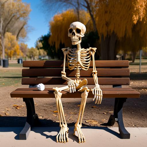 chicken nugget skeleton sitting on a park bench who had waited in relaxed mode --v 4