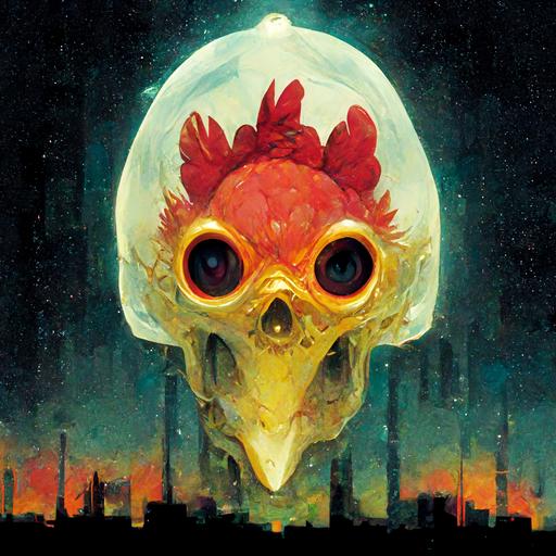 chicken skull humanoid Ghibli the end of time devil glass biosphere protect a city from fire and outer space nightmare