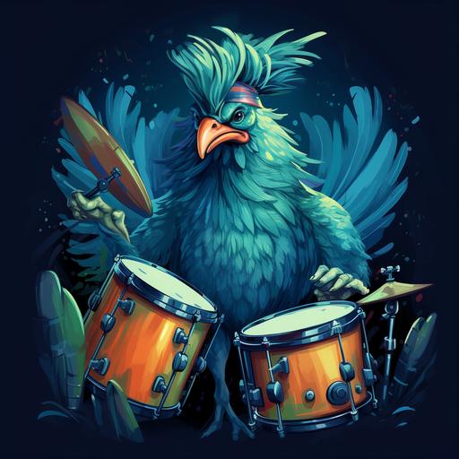 chicken with blue and green feathers playing drums, cartoon style