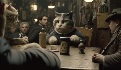 imagine cat mafiosos running the cat mafia, sitting around their italian cat cafe, looking to collect from their cat pansies, who have no paid the cat tax, or else they will sleeping with the catfish | cinematic lighting, directed by Martin Scorsese, gangster movie, film grain | --ar 7:4 --q 5