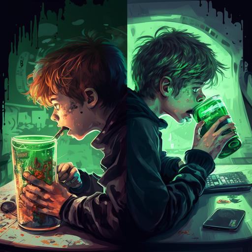 two intense gamer boys playing an intense first-person-shooter game on split screen, drinking mountain dew and eating copious amounts of doritos