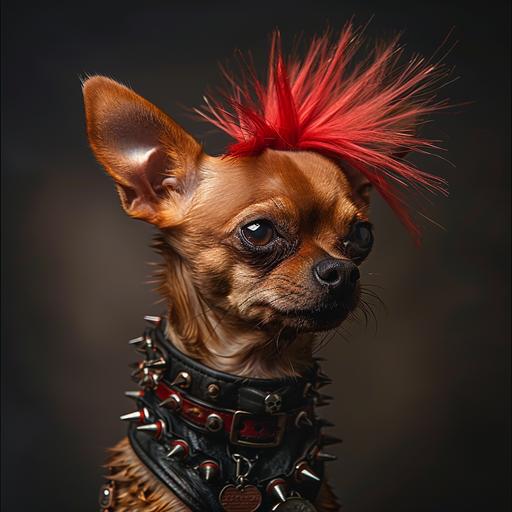 chihuahua with red mohawk and leather studded collar, realistic photo