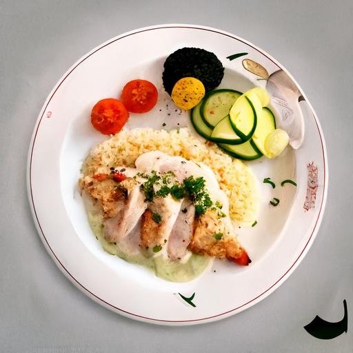 , chiken rice diner, fine dining, plate, aerial view, chicken with white finnes sauce on it, rice on the sides, tomatos, with letus, olive and few slices of cucumber