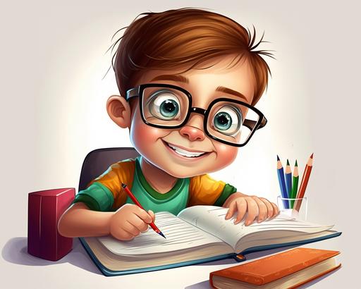 child 7 years old, blue eyes, eye glasses, smiling, doing homework, background transparent, cartoon --ar 5:4