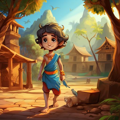child krishna in an indian village background cartoon style