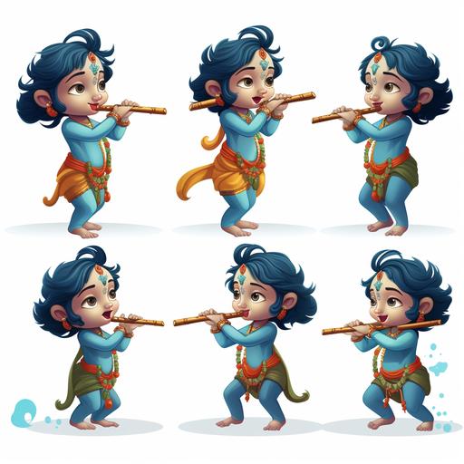 child krishna to multiple character poses playing a flute cartoon