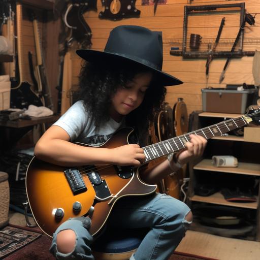 child slash with his hat practicing guitar in the garage. --v 5 --q 2