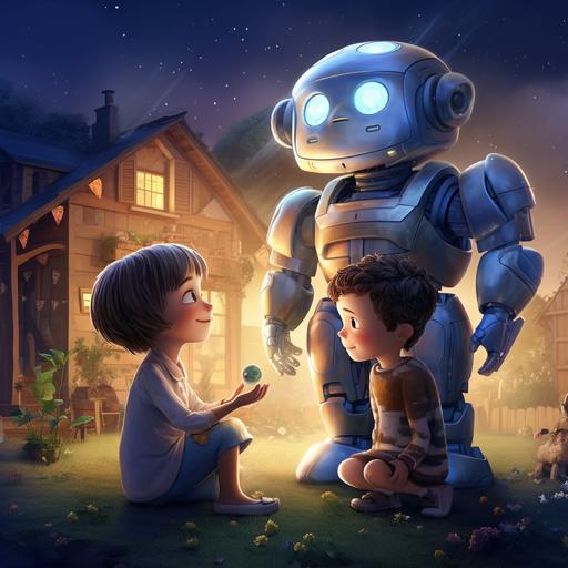 children Max and Mia meet their trusty robot companion, Astro, at the front of their cozy little house on a starry night