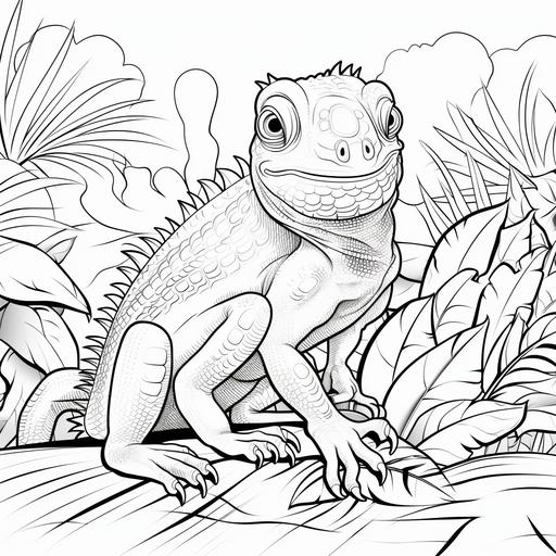 children coloring pages, Iguana, cartoon style, thick lines, low detail, no color, no shading