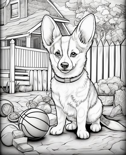 children coloring pages, corgi puppy on a basketball court, cartoon style, thick lines, low detail, no color, no shading --ar 9:11