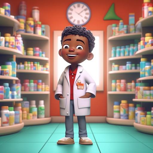 children language learning youtube channel logo for black kid/kids in a CGI style format, in a pharmacy, learning about children's medicine