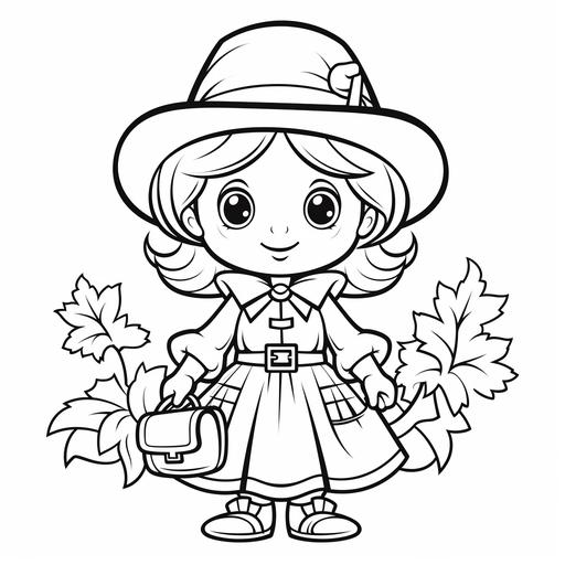 childrenc coloring books, cute cartoon mini pilgrim patterns coloring page, white page, no shading, no grey, thin lines