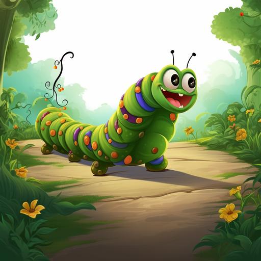 children's book style, disney style, cartoon, fantasy, caterpillars traveling, path, forest, garden