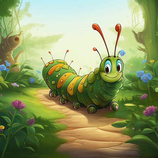 children's book style, disney style, cartoon, fantasy, caterpillars traveling, path, forest, garden