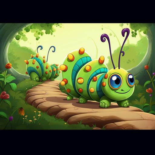 children's book style, disney style, cartoon, fantasy, caterpillars traveling, path, forest, garden