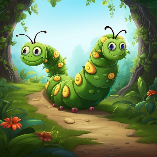 children's book style, disney style, cartoon, fantasy, caterpillars traveling, path, forest, garden