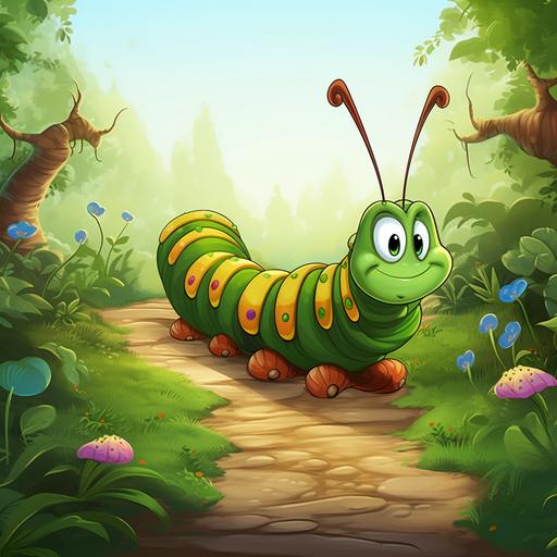 children's book style, disney style, cartoon, fantasy, caterpillars traveling, path, forest, garden